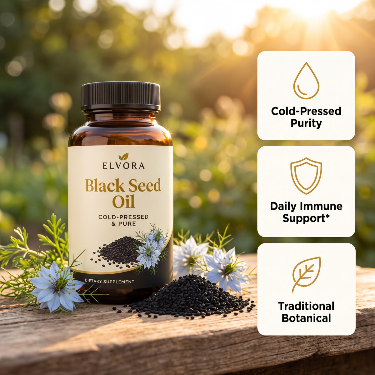 Elvora Black Seed Oil bottle with nigella seeds and flowers