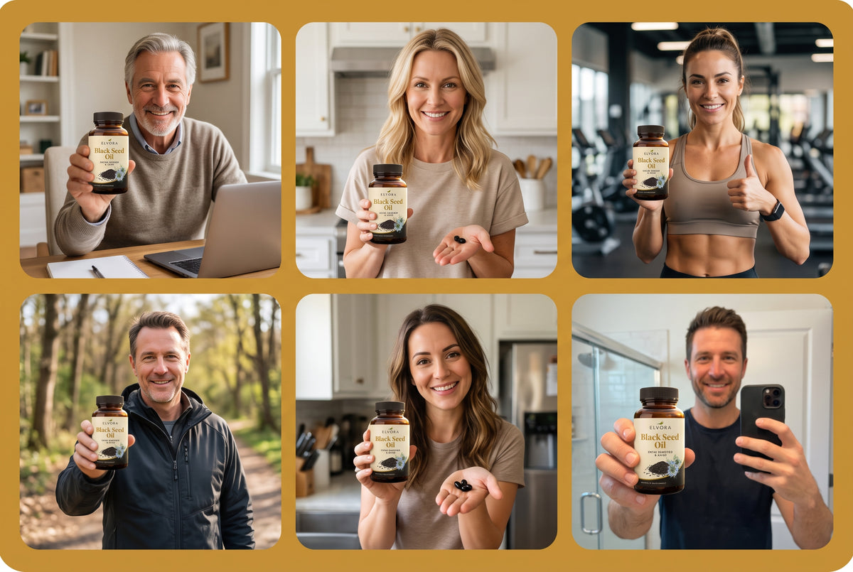 People enjoying Elvora Black Seed Oil at home, at work and outdoors