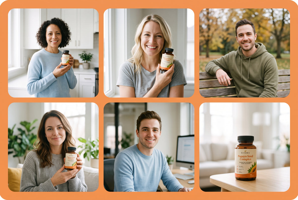 People enjoying Elvora Papaya Seed Complex at home, at work and outdoors