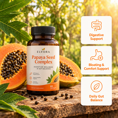 Elvora Papaya Seed Complex bottle with fresh papaya